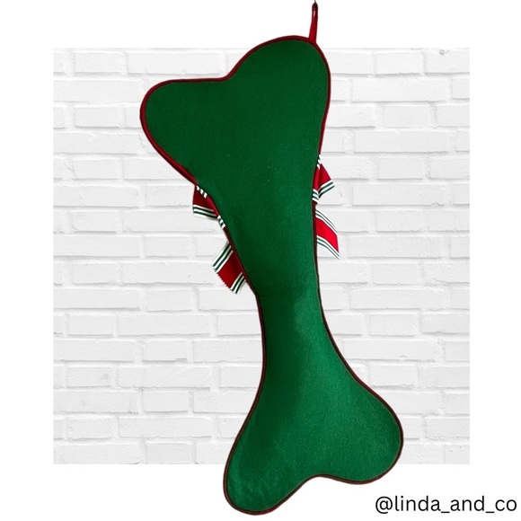 Christmas Stocking with Red White and Green Striped Bow Green Felt Dog Bone - Picture 3 of 10